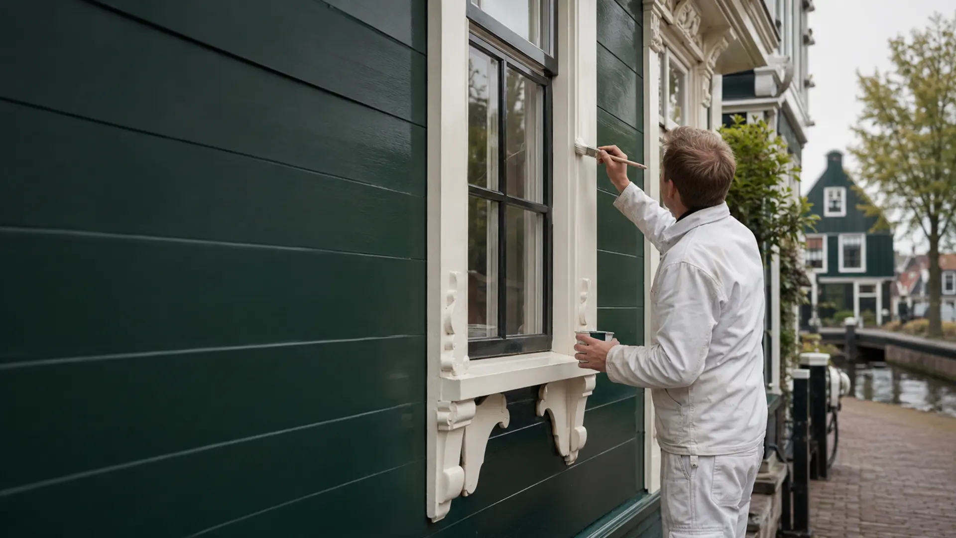 Schilderwerk aan witte details van een groene Zaanse houten gevel